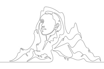 Rock in the shape of a woman's head. Mountain with a human face. Cliff female face.One continuous line drawing on a white isolated background. Minimalism linear illustration.