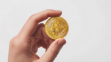 Fototapeta premium Bitcoin held in a human hand, plain white background