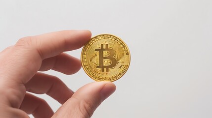 Bitcoin held in a human hand, plain white background
