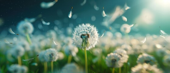 Obraz premium Dandelion Breeze, Close-up of dandelion seeds floating, Nature Tranquility