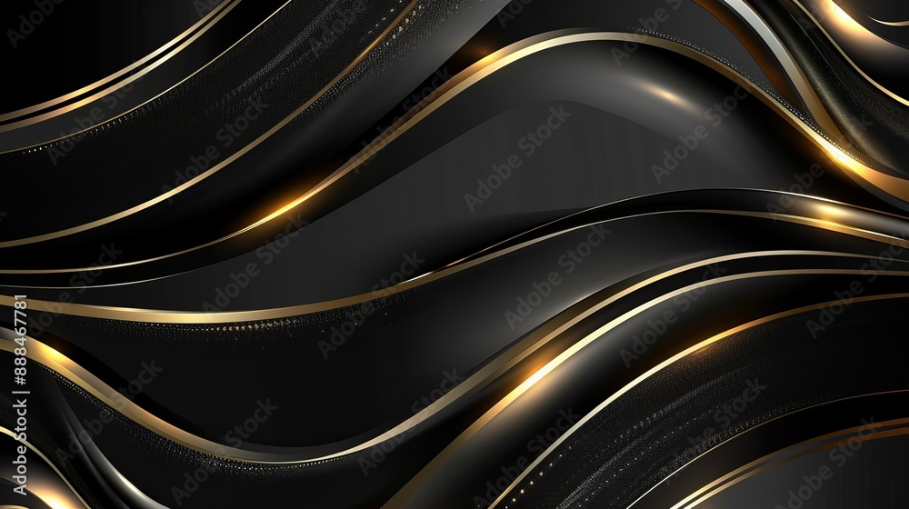Wall mural abstract 3d black background with gold lines in curved wavy sparkle design featuring copy space for 