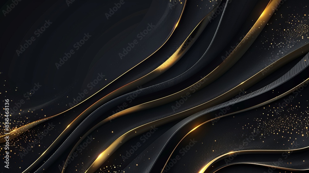 Wall mural abstract 3d black background with gold lines in curved wavy sparkle design featuring copy space for 