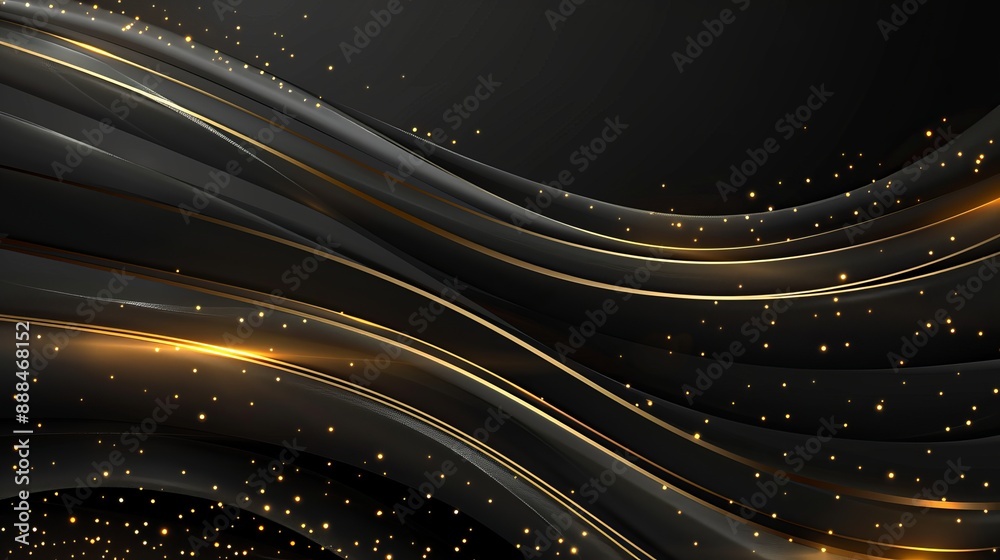 Poster abstract 3d black background with gold lines in curved wavy sparkle design featuring copy space for 