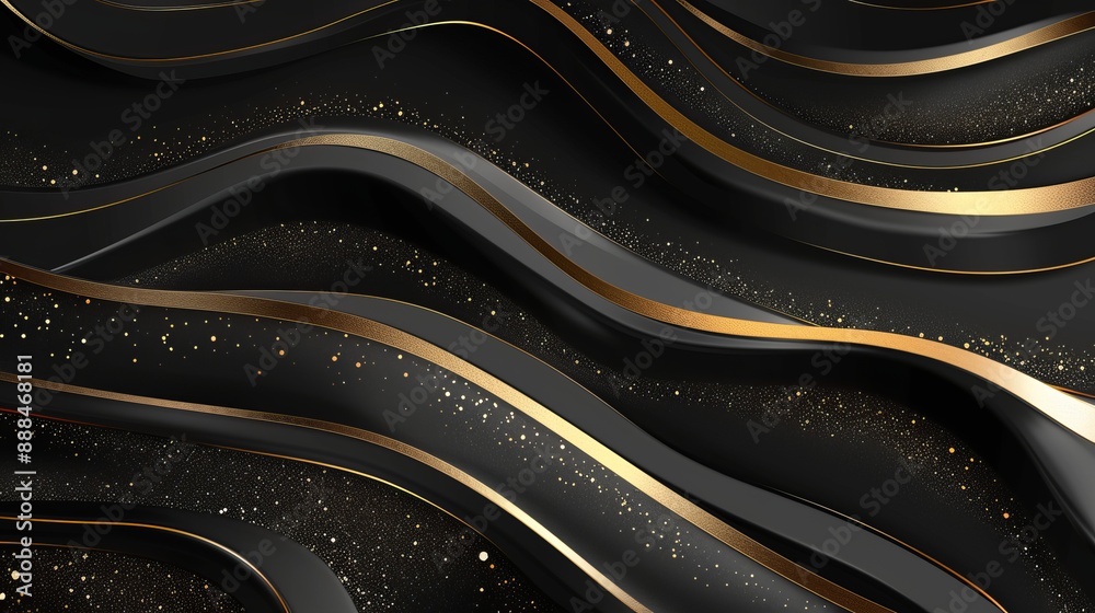 Wall mural abstract 3d black background with gold lines in curved wavy sparkle design featuring copy space for 