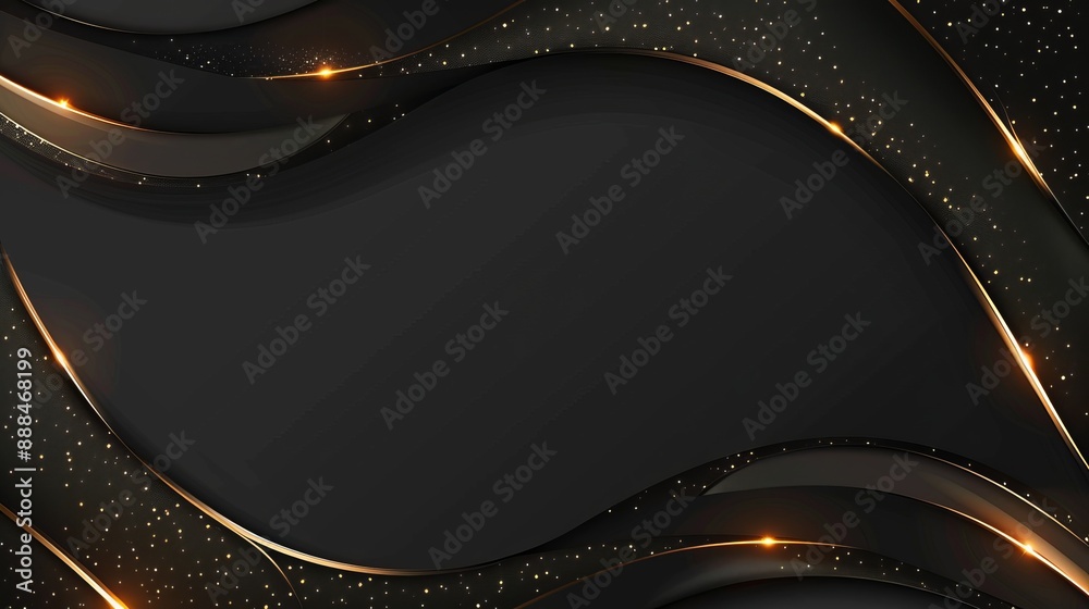 Wall mural abstract 3d black background with gold lines in curved wavy sparkle design featuring copy space for 