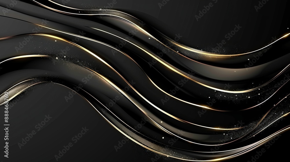 Poster abstract 3d black background with gold lines in curved wavy sparkle design featuring copy space for 