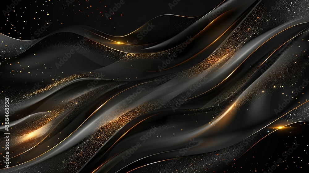 Poster abstract 3d black background with gold lines in curved wavy sparkle design featuring copy space for 