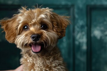 A happy Poodle poses for a minimalist studio portrait on a blue background.