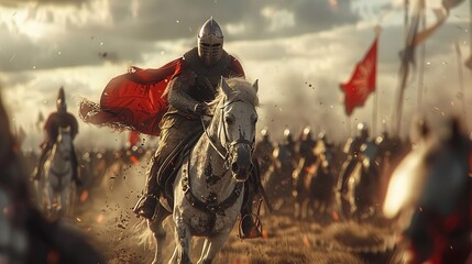 photo realistic close-up of medieval cavalry clashing with enemies