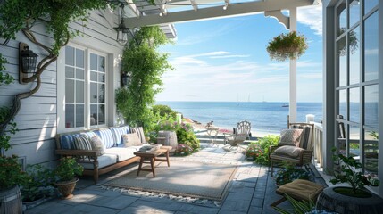 Fototapeta premium landscaped patio in a coastal house, with sea views generative ai