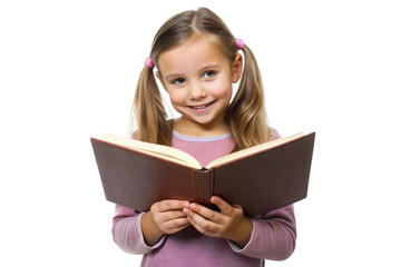 Girl child with book and vision for learning, isolated on white background
