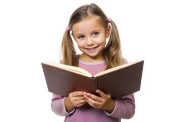 Girl child with book and vision for learning, isolated on white background
