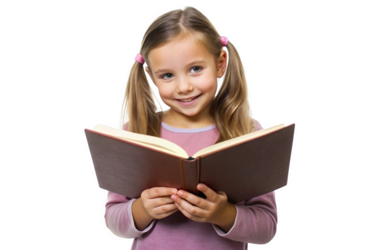 Girl child with book and vision for learning, isolated on white background

