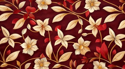 Fototapeta premium Ethnic design featuring geometric flowers and vines in red and gold