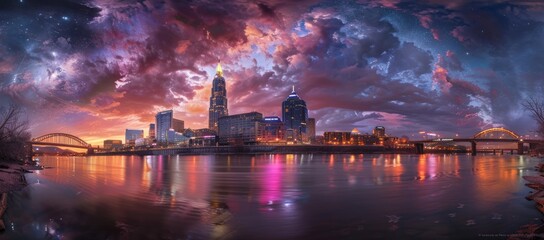 Fototapeta premium Cityscape with Vibrant Sunset and Starry Sky