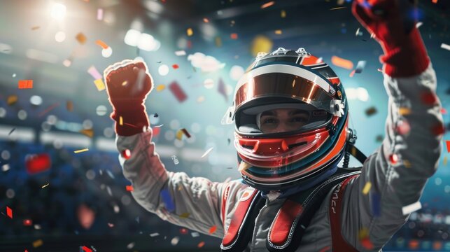 Victorious Race Car Driver Celebrating on Podium with Confetti.  Concepts.  Motorsports, Winning, Championship, Speed, Adrenaline