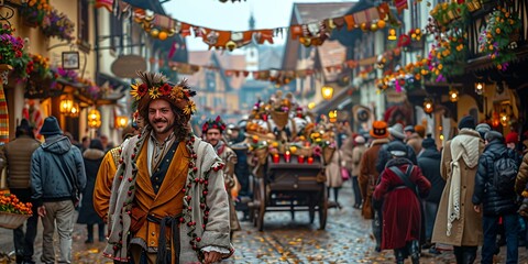 Lively Erntedankfest parade with decorated wagons and costumed participants