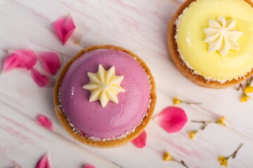 Cute sweet delicious cupcake on desk on pastel background