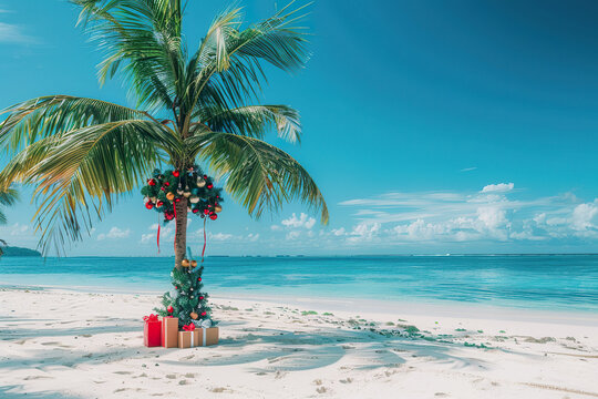 A palm tree with a christmas tree on top of it is on a beach