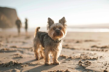 Yorkshire Terrier with a couple on the beach, daily light