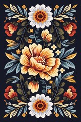 Vibrant floral cross-stitch border pattern with intricate petals and leaves, set against a dark background