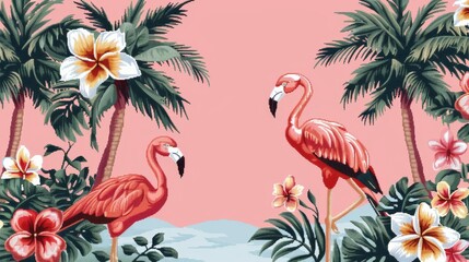 Naklejka premium Vibrant, tropical cross-stitch border with palm trees, flowers, and exotic birds