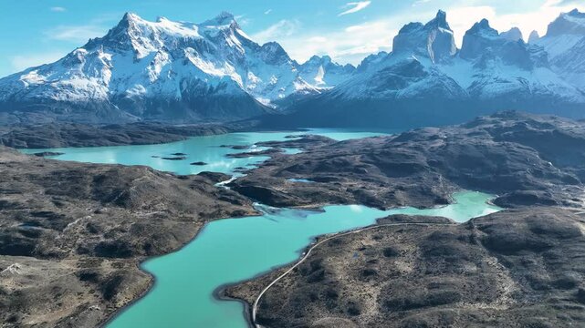 National Park At Torres Del Paine Punta Arenas Chile. Stunning Countryside Life Landscape Viewed From Above. Snowy Lake Glacial Exploring. Snowy Forest Trees. Torres Del Paine Punta Arenas.