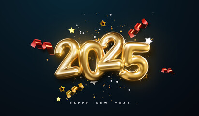 Realistic 2025 golden numbers with festive confetti, stars and spiral ribbons on black background. Vector holiday illustration. Happy New 2025 Year. New year ornament. Decoration element with tinsel