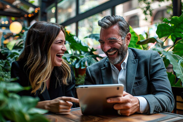 A man and a woman are smiling at each other