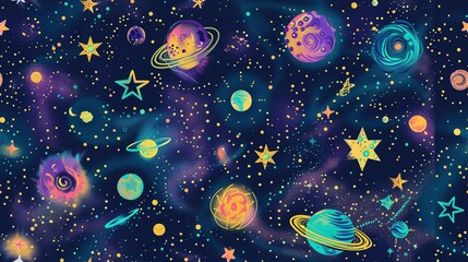 Create a seamless pattern with cosmic motifs like stars, nebulae, and black holes