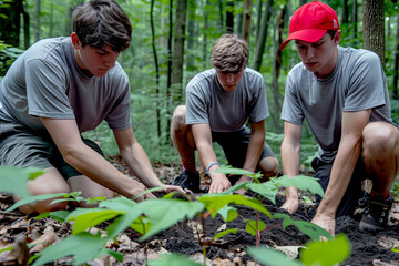 Fototapeta premium A group of three teenage boys, dressed in casual gray t-shirts and shorts, is actively engaged in planting a young tree in a lush forest. 