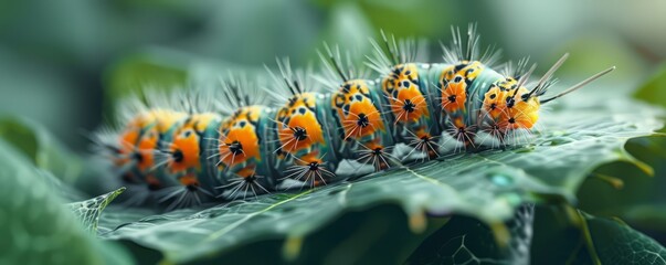Fototapeta premium A close-up of a caterpillar crawling on a leaf.