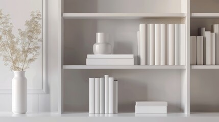 An organized bookshelf filled with hardcover books, all with beautifully designed dust covers, in a stylish home office setting