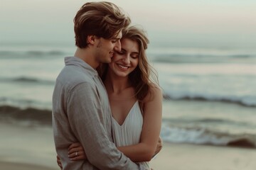 Romantic couple embrace on beach at sunrise, love concept