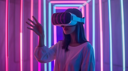 Young woman wearing VR glasses and gesturing