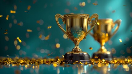 Shiny Gold Trophy with Confetti on Green Background Celebrating Achievement and Success.