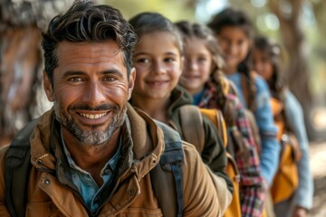 Fototapeta premium A cheerful man with salt-and-pepper hair and a rugged jacket leads a group of happy children on a nature hike