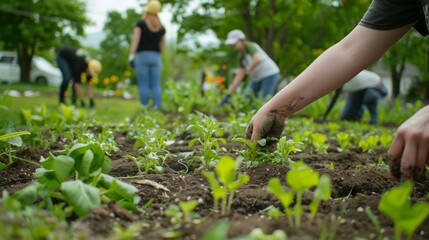 Fototapeta premium planting manual in a community garden with other people working in the background generative ai