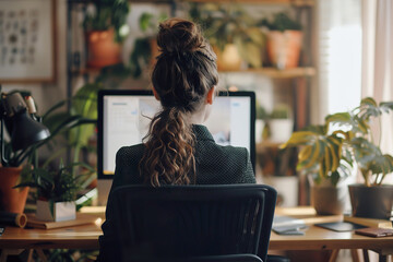 A woman with long red hair is sitting at a desk in front of a computer monitor
