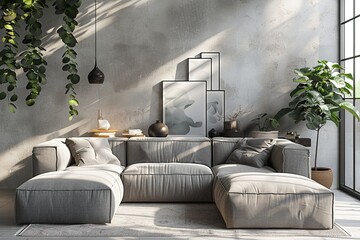 Minimalist Scandinavian Living Room with a sleek gray sofa, Nordic coffee table, and minimalist decor in a modern home. Scandinavian home decor.