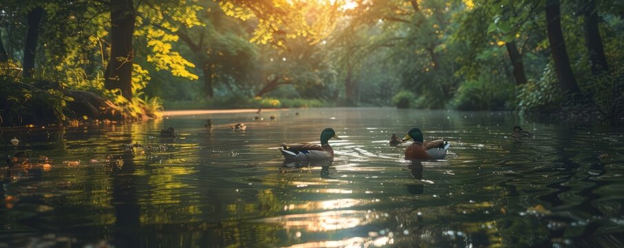 A tranquil pond with ducks swimming peacefully.