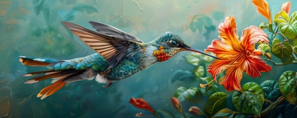 Fototapeta premium A close-up of a hummingbird sipping nectar from a flower.
