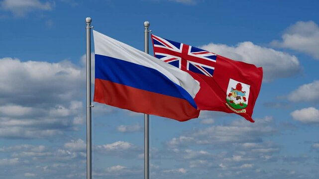 The Bermudas and Russia flags flying together, video concept of the relationship, two country relations concept