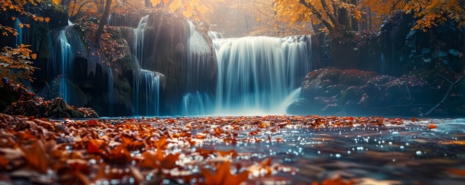 A waterfall surrounded by autumn leaves.