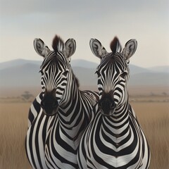 Naklejka premium Two Zebras Standing Together in African Savanna on a Cloudy Day