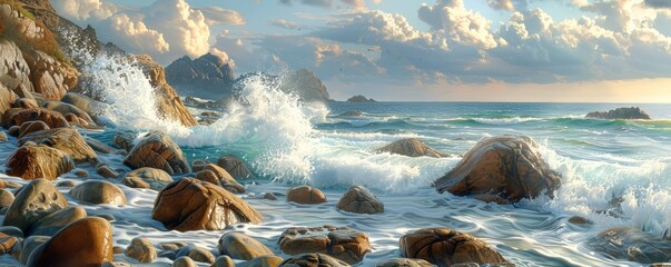 A rocky beach with waves crashing against large boulders.