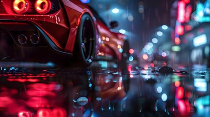 Car parked on wet street at night