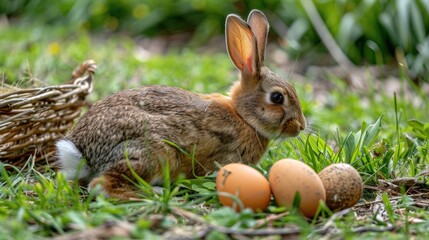 Obraz premium Easter bunny and Easter eggs on green grass field spring meadow