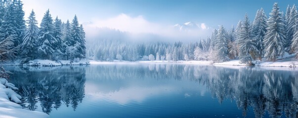 Fototapeta premium A tranquil lake surrounded by snow-covered pine trees.