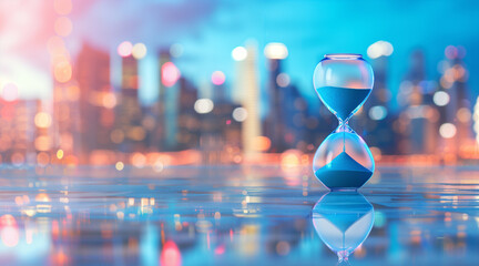 Time management in business. Blue sand timer and cityscape